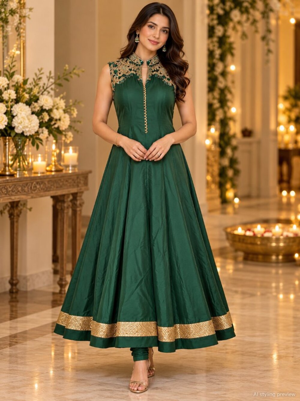 Emerald-and-gold Anarkali suit with matching churidar pants and bangles
